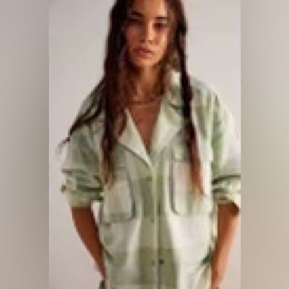 Free People We The Free Izzie Cargo Shirt Plaid Green White S - Picture 1 of 5